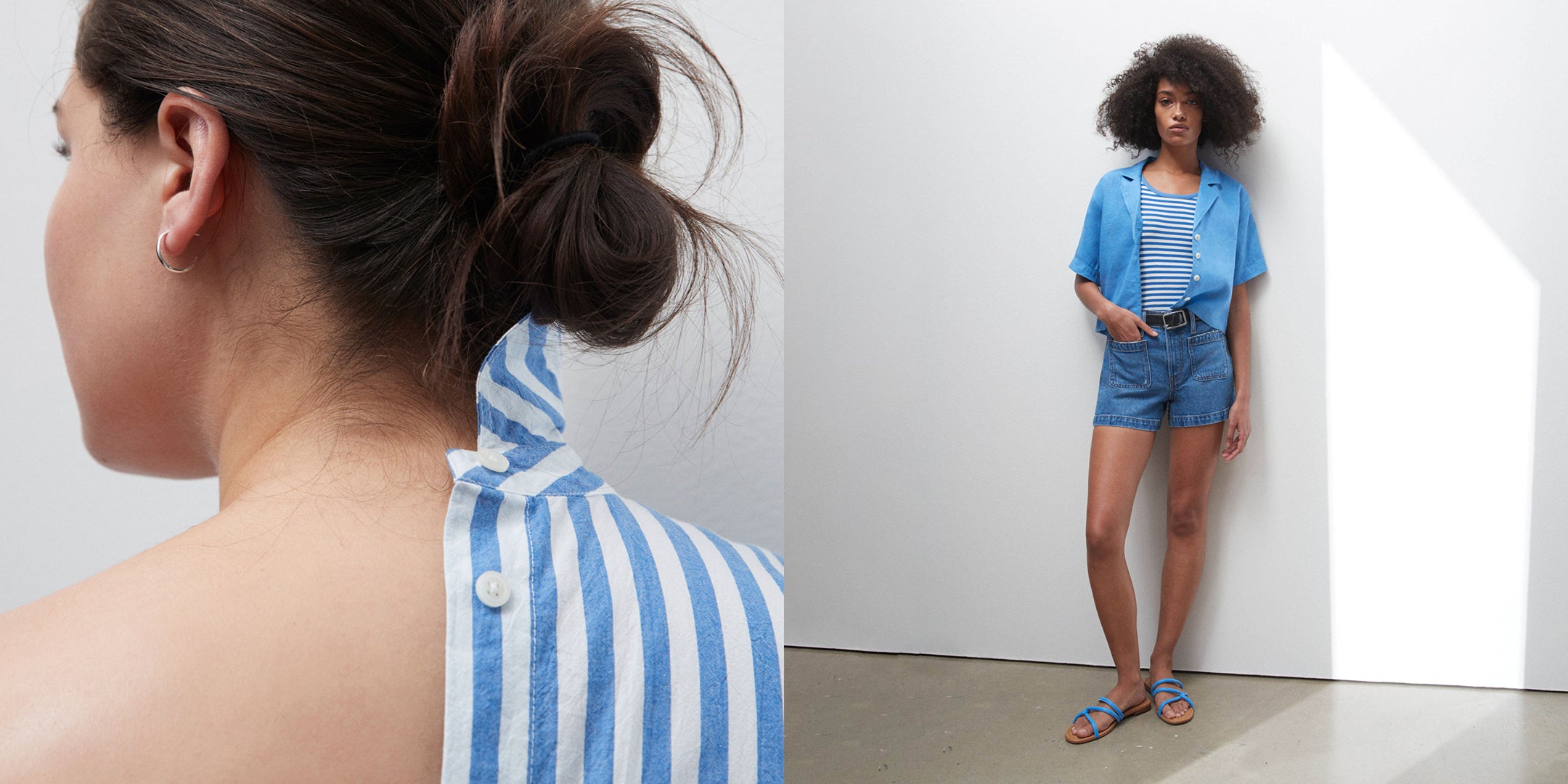 On the left, a picture of an individual's back, with a striped chambray shirt draped over their shoulder; on the right, a model wearing a blue striped Madewell t-shirt, Madewell denim shorts with a black leather belt, a blue Madewell camp collar shirt, and Madewell blue leather sandals